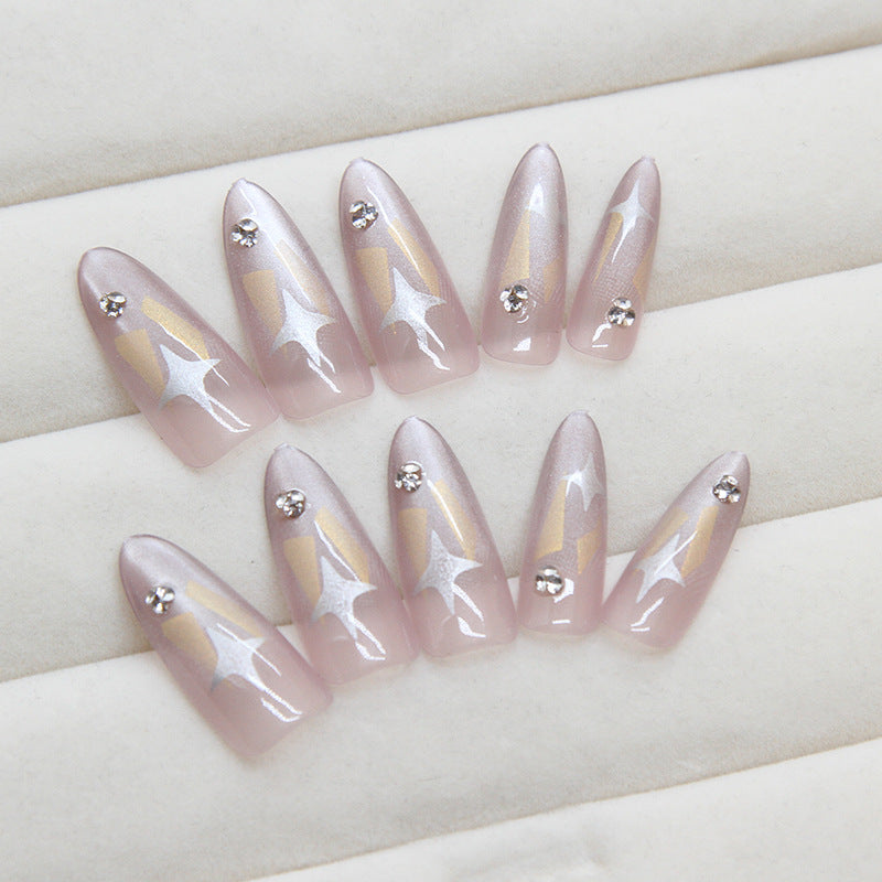 Starry Night Elegance Long Stiletto Pale Pink Press On Nails with Silver Accents and Rhinestone Embellishments