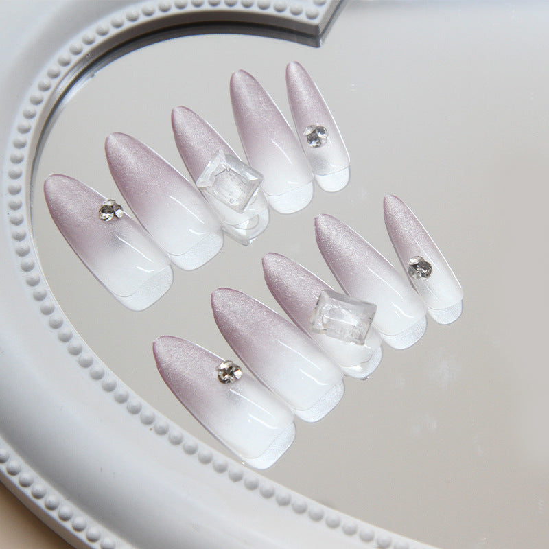 Elegant Bridal Long Stiletto Pearl White Press On Nail Set with Sparkling Gem Accents