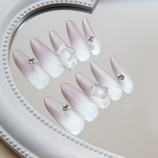 Elegant Bridal Long Stiletto Pearl White Press On Nail Set with Sparkling Gem Accents