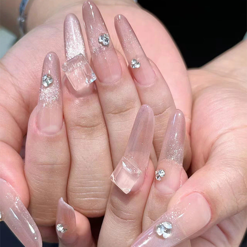 Starry Elegance Long Oval Shape Clear Pink Glitter Press On Nail Set with Crystal Embellishments