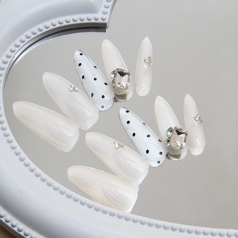 Elegant Soir‚âàŒ©e Long Almond Shape White Press On Nail Set with Rhinestone Accents and Polka Dot Design