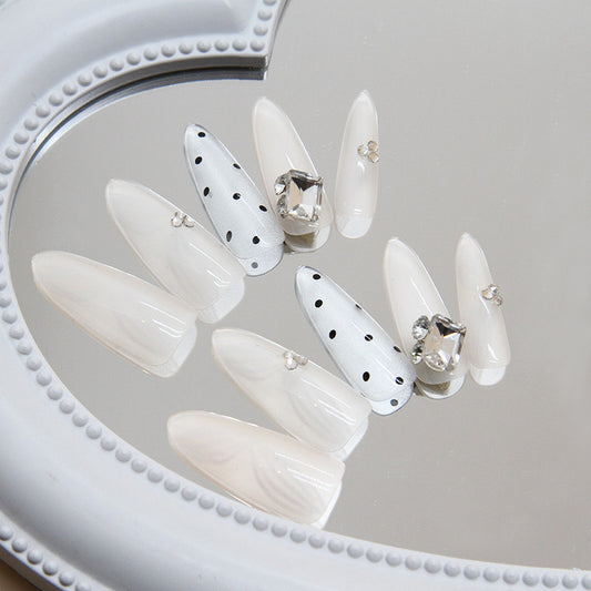 Elegant Soir‚âàŒ©e Long Almond Shape White Press On Nail Set with Rhinestone Accents and Polka Dot Design
