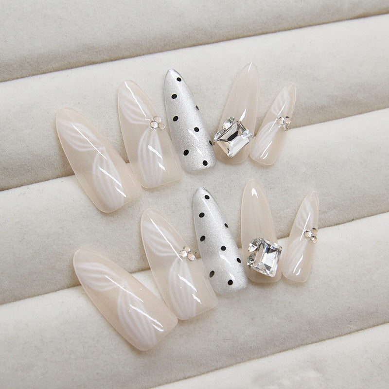 Elegant Soiree Long Almond-Shaped Beige Press On Nail Set with Rhinestone Accents and Pearl Embellishments