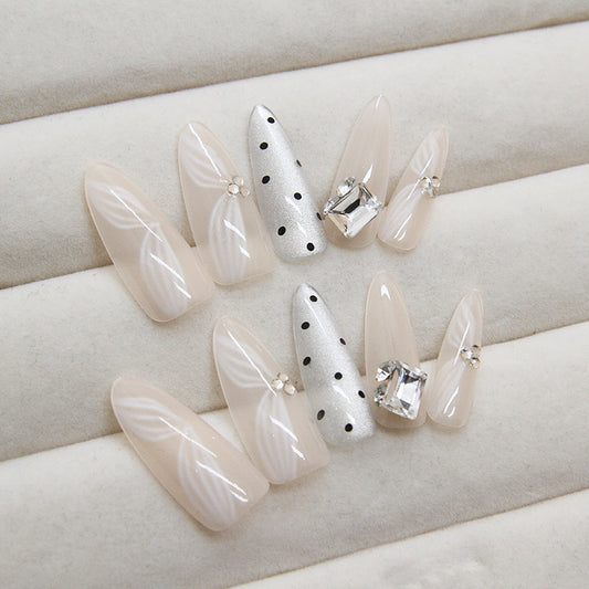 Elegant Soiree Long Almond-Shaped Beige Press On Nail Set with Rhinestone Accents and Pearl Embellishments