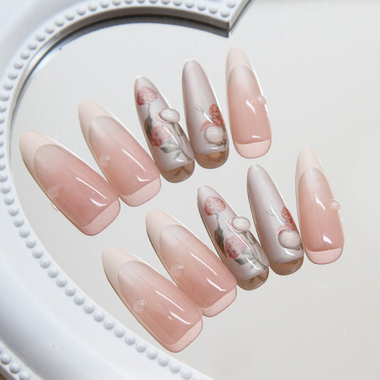 Elegant Floral Charm Long Stiletto Beige Pink Press On Nail Set with Delicate Rose Accents