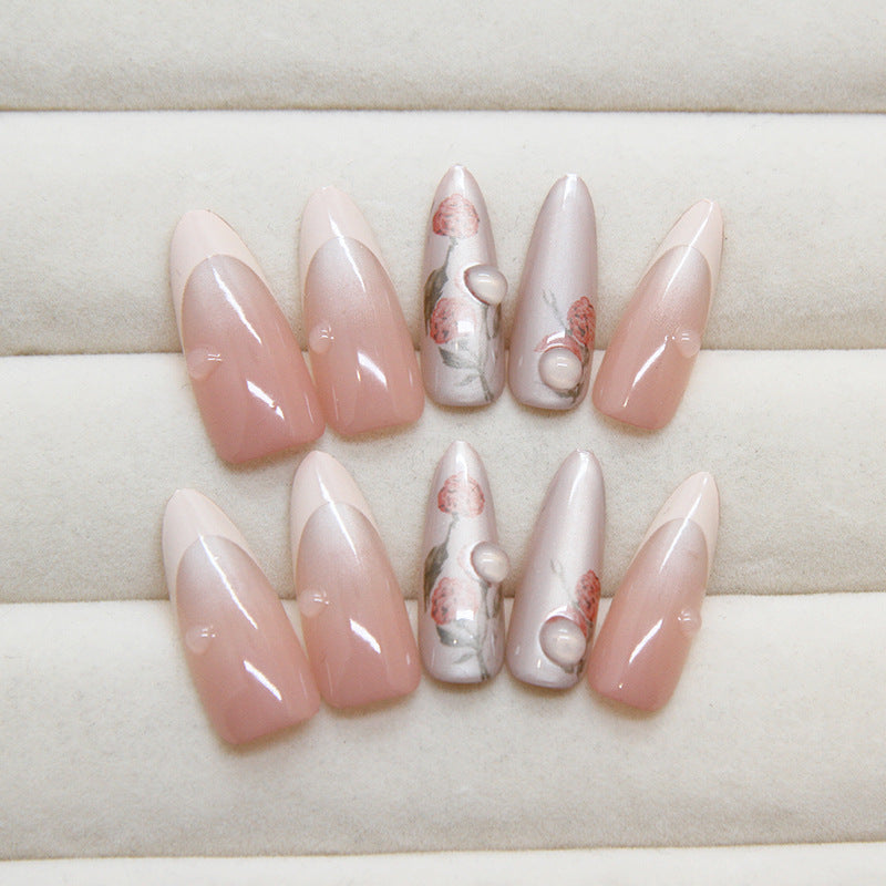 Enchanted Garden Long Stiletto Beige Press On Nail Set with Floral Accents and Pearlescent Highlights