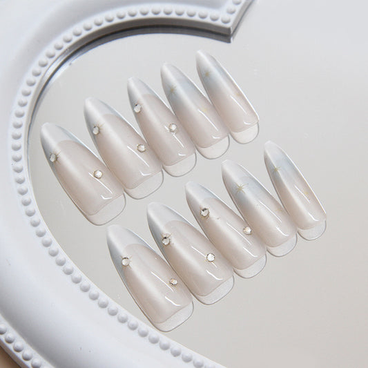 Starry Elegance Extra Long Almond Pale Grey Press On Nail Set with Rhinestone Accents
