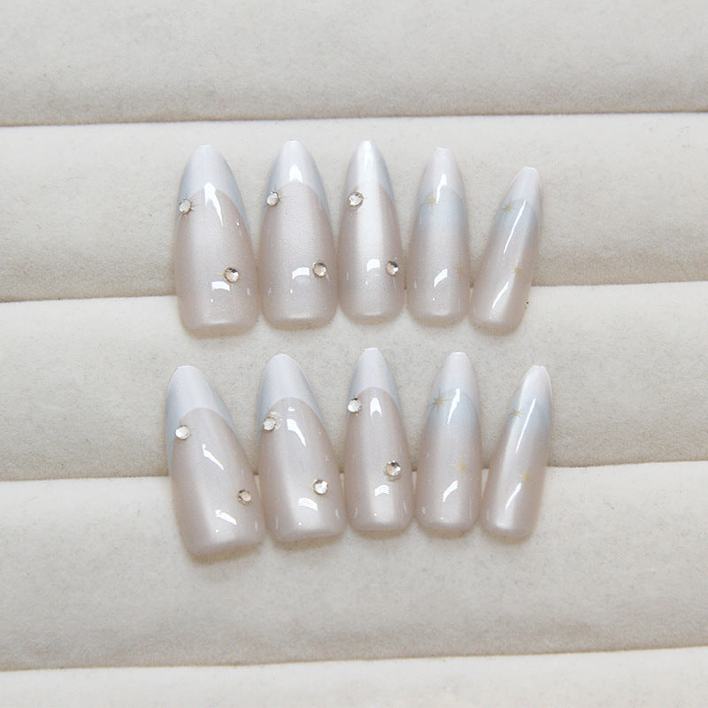 Starry Elegance Long Almond Gray Press On Nails with Silver Accents and Rhinestones