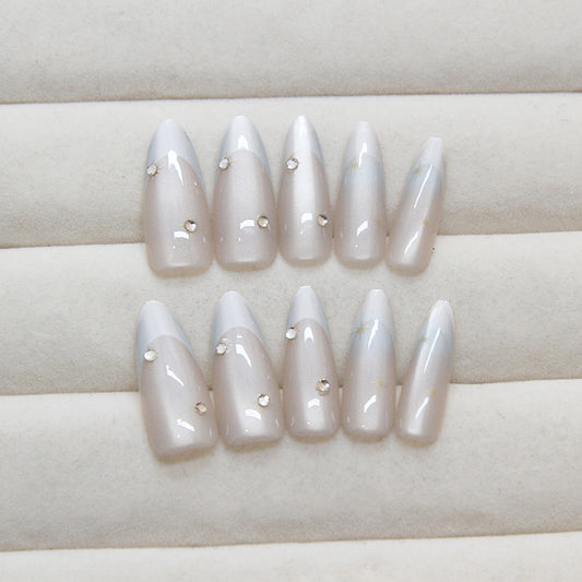 Starry Elegance Long Almond Gray Press On Nails with Silver Accents and Rhinestones