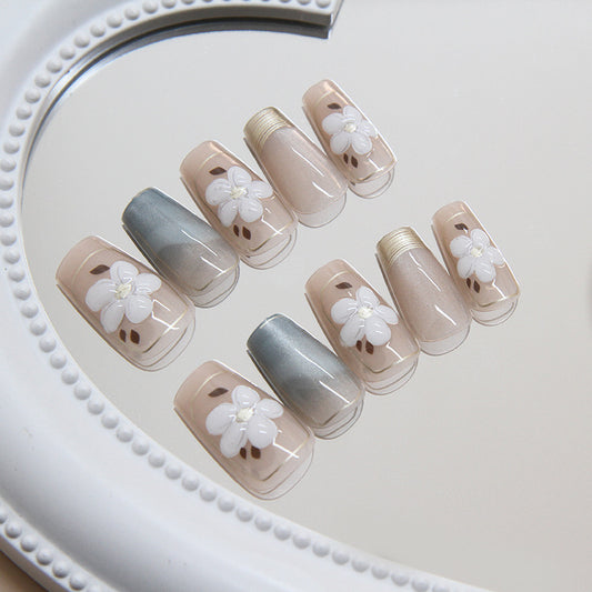 Spring Blossom Collection Medium Coffin Beige and Grey Press On Nail Set with White Floral Accents
