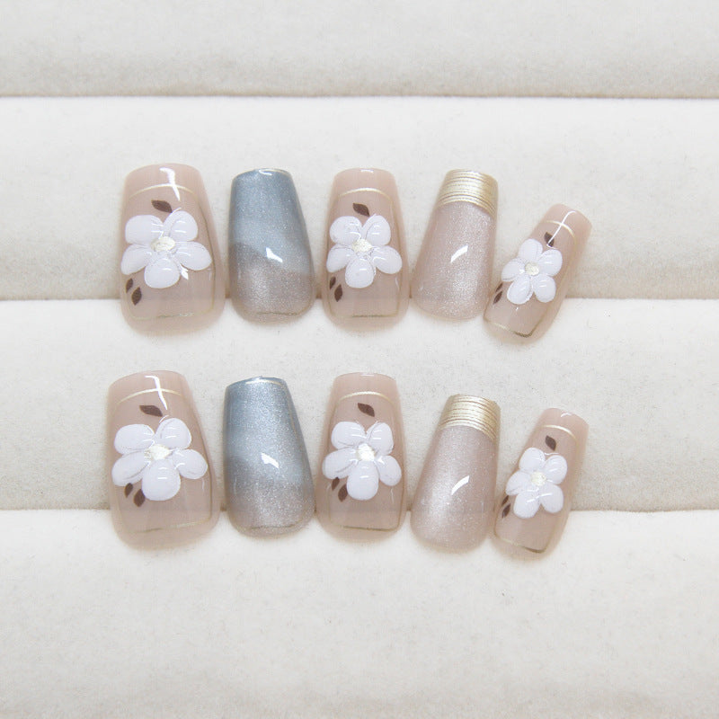 Enchanted Garden Medium Coffin Press On Nail Set, Beige and Glittery Silver with White Floral Accents