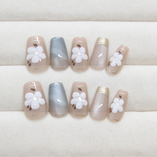 Enchanted Garden Medium Coffin Press On Nail Set, Beige and Glittery Silver with White Floral Accents