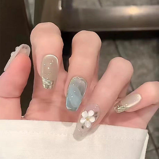 Spring Blossom Medium Coffin Beige and Sky Blue Press On Nails with 3D Flower and Gold Flakes Design
