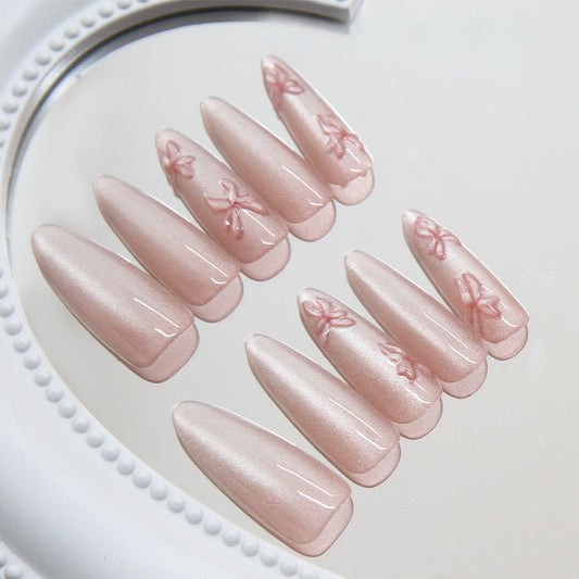 Dreamy Blossom Press On Nail Set Long Almond Shape Soft Pink with Delicate Floral Art