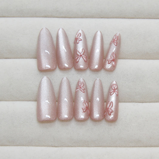 Elegant Blossom Pink Long Stiletto Press On Nail Set with Shimmer and Floral Designs