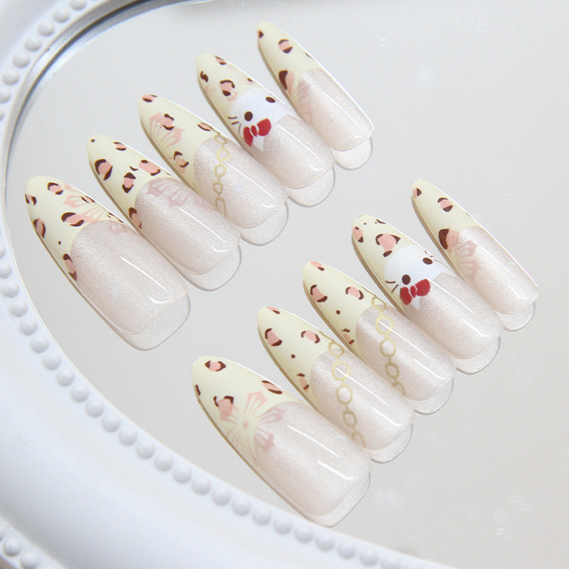 Charming Cat Theme Long Almond Shaped Creamy Yellow Press On Nail Set with Whimsical Kitty Art Design