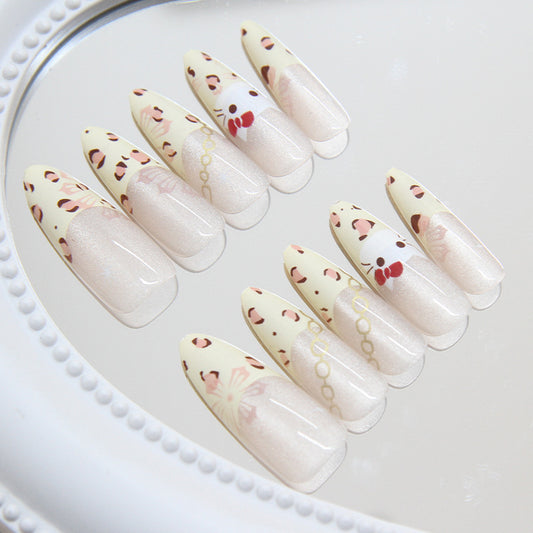 Charming Cat Theme Long Almond Shaped Creamy Yellow Press On Nail Set with Whimsical Kitty Art Design