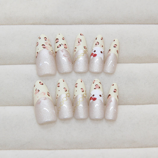 Charming Floral Cafe Long Almond Beige and Shimmer Press On Nail Set with Elegant Designs