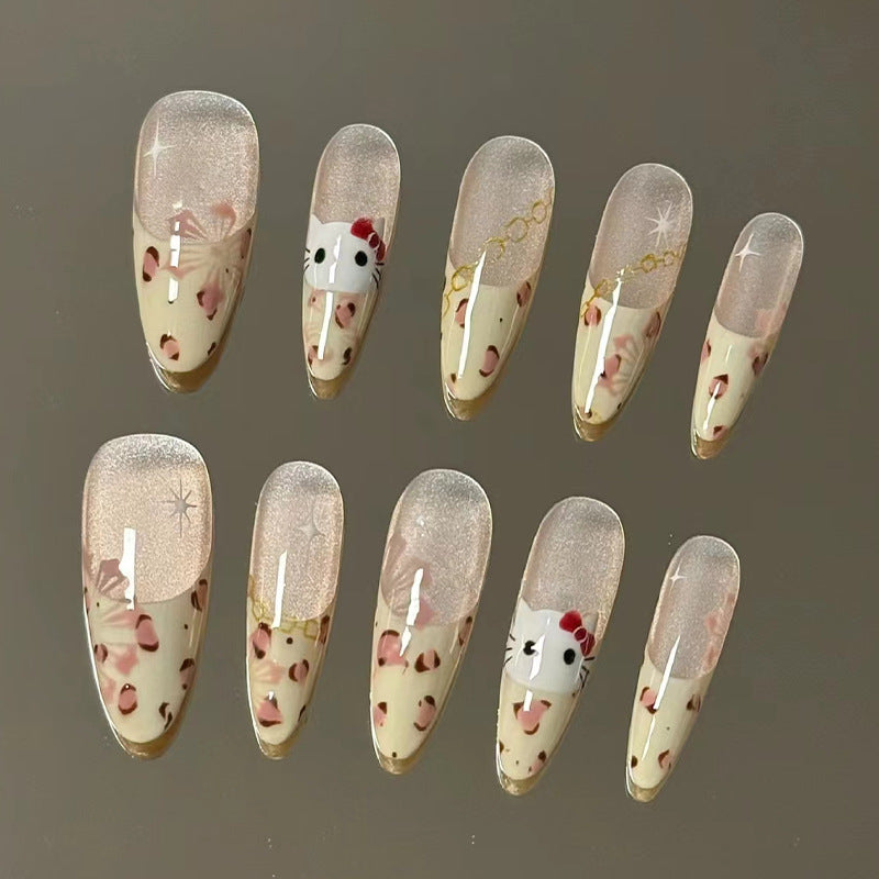 Cute Kitty Inspired Long Almond Shape Pink And Beige Press On Nail Set With Glitter And Character Designs