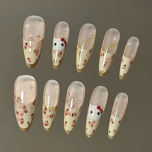 Cute Kitty Inspired Long Almond Shape Pink And Beige Press On Nail Set With Glitter And Character Designs