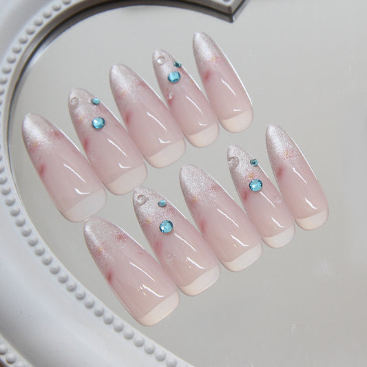Elegant Romance Long Almond Shaped Soft Pink Press On Nail Set with Rhinestone Accents