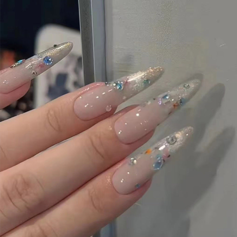 Glittering Elegance long stiletto Beige press on nail set with sparkling gems and a glossy finish