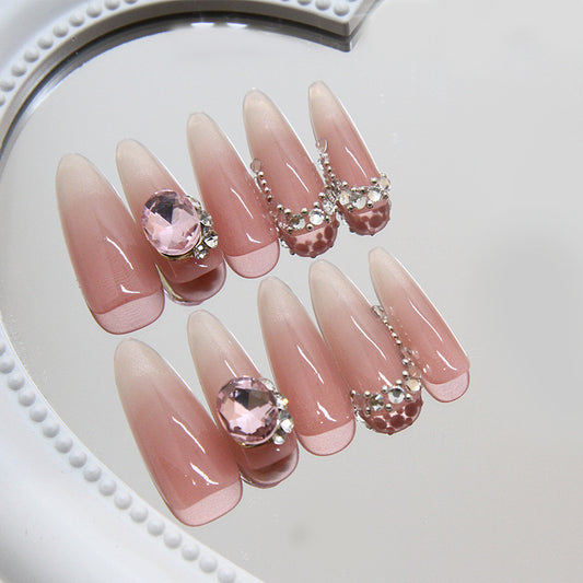 Elegant Romance Long Almond Shaped Blush Pink Press On Nails with Rhinestone Accents