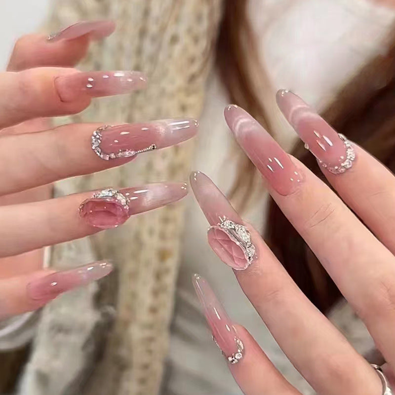 Elegant Rose Quartz Press On Nail Set Long Almond Shape Ombre Pink with Gemstone Accents