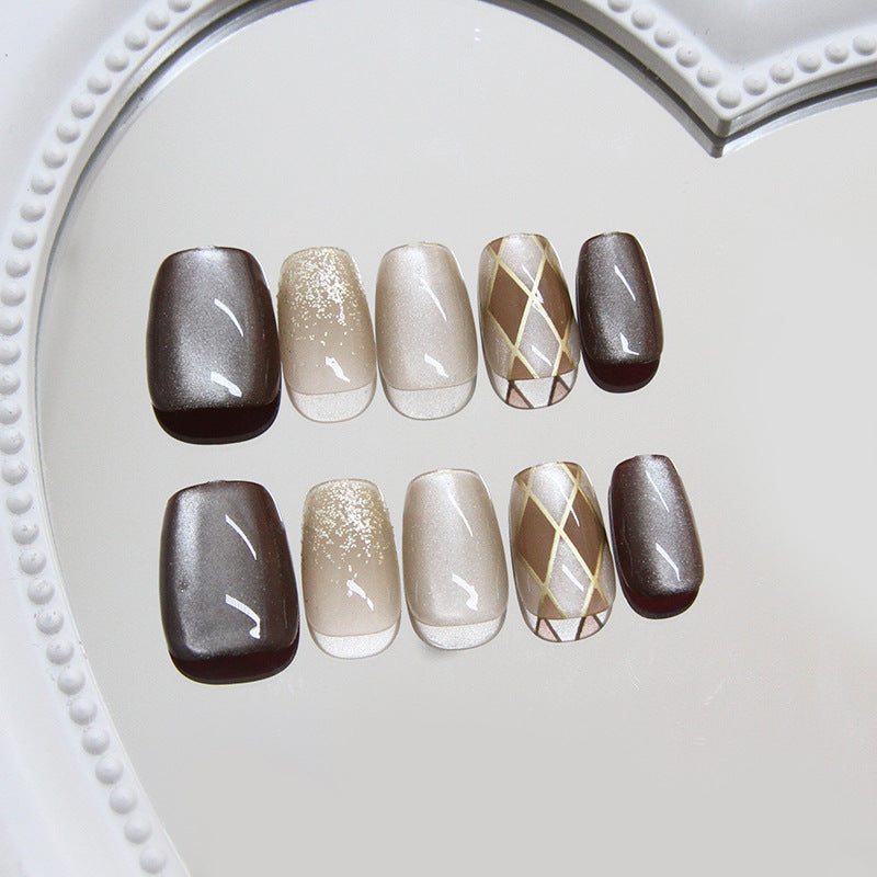 Elegant Autumn Vibes Short Square Gradient Brown and Beige Press on Nail Set with Chic Gold Accents