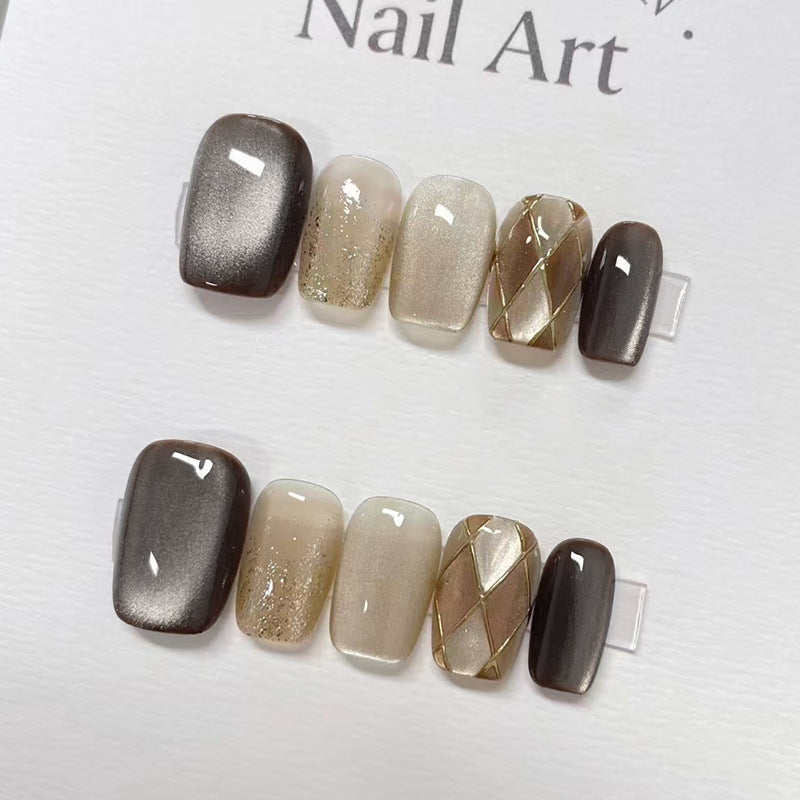 Elegant Autumn Vibes Short Square Brown Ombre Design with Golden Accents Press on Nail Set