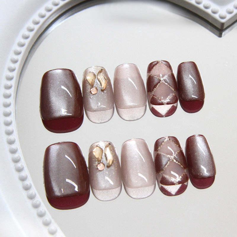 Elegant Autumn Dreams Short Coffin Burgundy and Champagne Gradient with Glamorous Gold Accents Press-On Nail Set