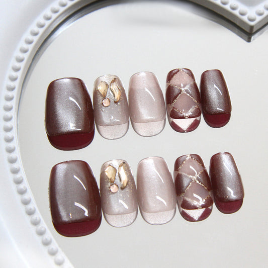 Elegant Autumn Dreams Short Coffin Burgundy and Champagne Gradient with Glamorous Gold Accents Press-On Nail Set
