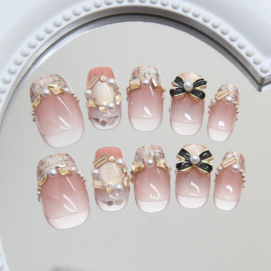 Chic Elegance Medium Square Pinkwith Pearls and Unique Bow Accents Press On Nail Set