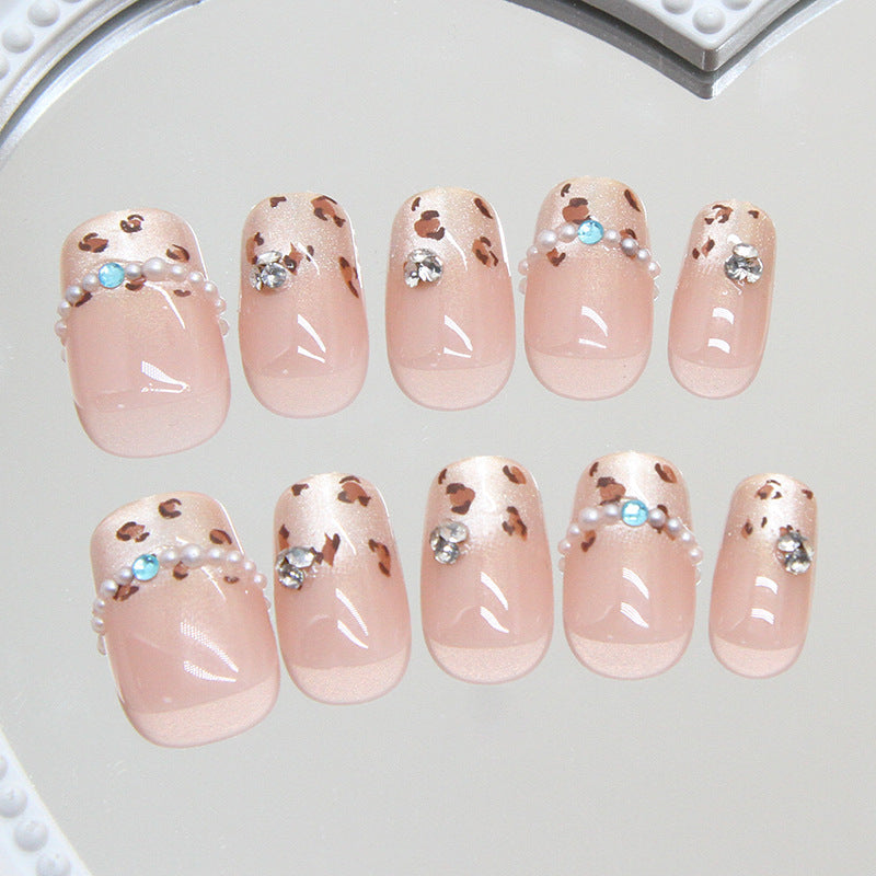 Wild Safari Glamour Press-On Nail Set in Elegant Medium Square Shape Soft Pink Color with Leopard Print and Pearl Accents
