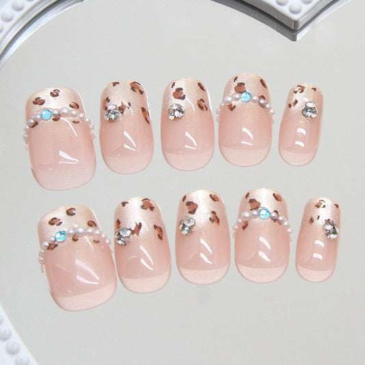 Wild Safari Glamour Press-On Nail Set in Elegant Medium Square Shape Soft Pink Color with Leopard Print and Pearl Accents