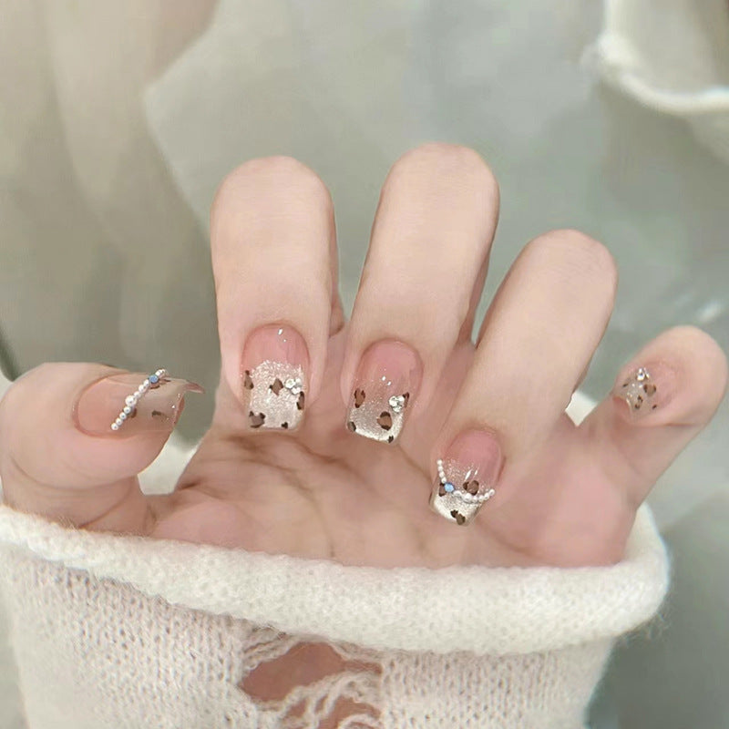 Elegant Golden Dream Lengthy Medium Square Beige Nail Set with Glittering Embellishments