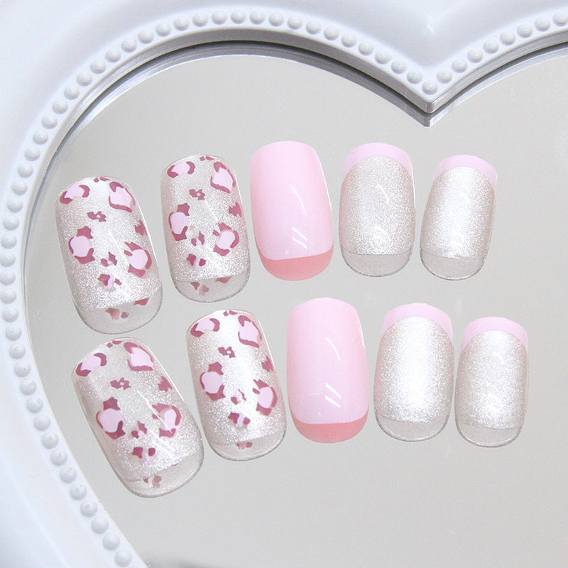Charming Safari Inspired Medium Square Pink and Silver Press On Nail Set with Playful Animal Print Design