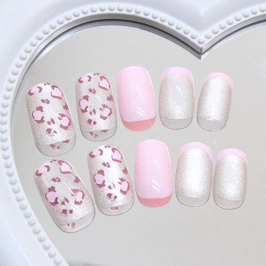 Charming Safari Inspired Medium Square Pink and Silver Press On Nail Set with Playful Animal Print Design
