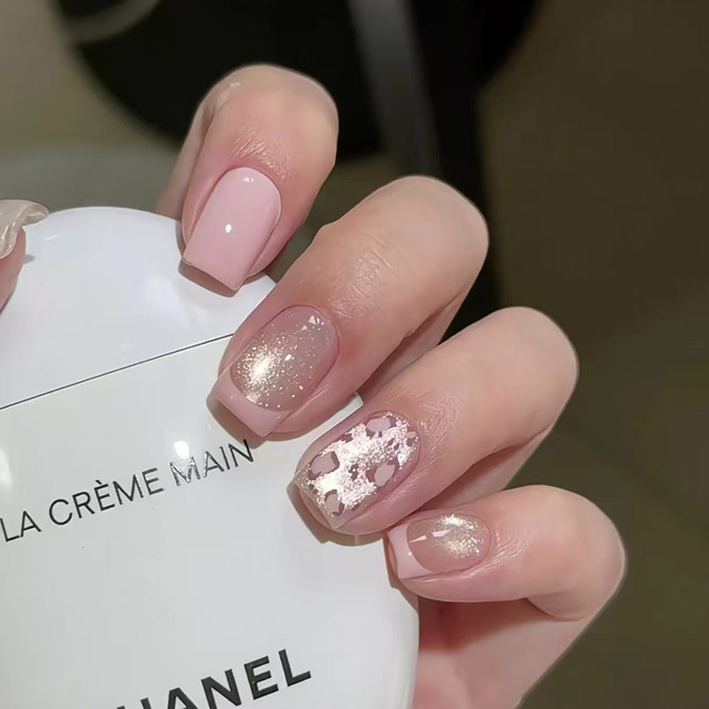 Chic Elegance Medium Square Blush Pink Press-On Nail Set with Unique Glitter and Animal Print Design