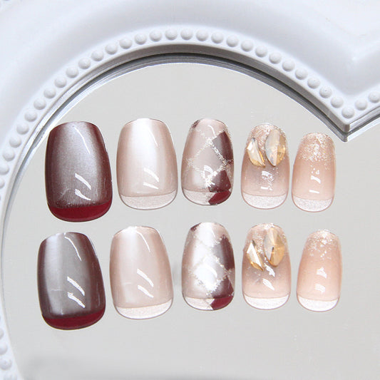 Elegant Romance Chic Short Coffin Pressed Nail Set in Ombre Brown and Soft Pink with Shimmer and Gemstone Accents