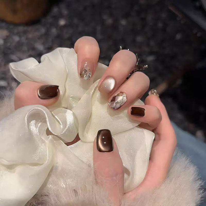 Elegant Enchantment Short Square Brown and Metallic Glam Press-On Nail Set