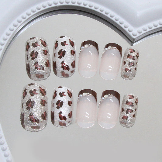 Wildlife Chic Set Short Squoval Glittery White with Brown Leopard Print and Elegant Pearl Accents Press On Nails