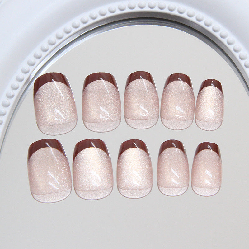 Elegant Harmony Short Square Beige Glitter Press On Nail Set with Chocolate Tips