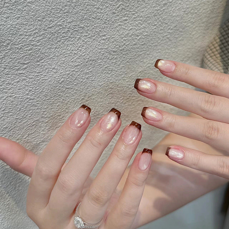 Chocolate Delight Short Square Press-On Nails in Glossy Brown and Gold Ombre Finish