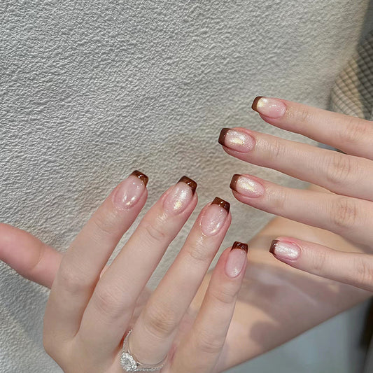 Chocolate Delight Short Square Press-On Nails in Glossy Brown and Gold Ombre Finish