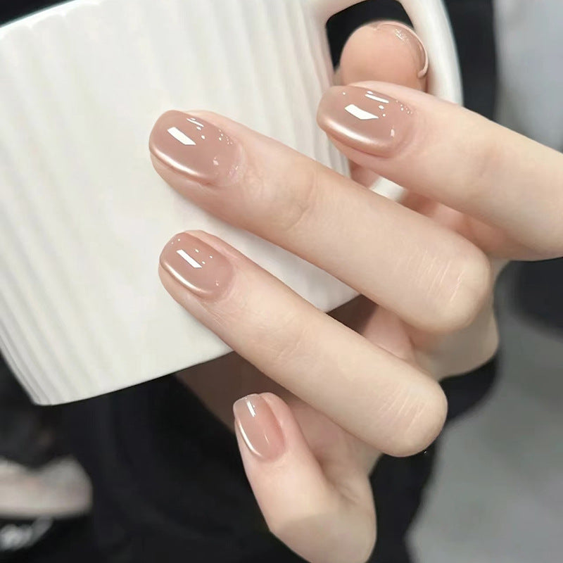 Whimsical Elegance Short Square Shaped Soft Beige Glossy Press On Nail Set