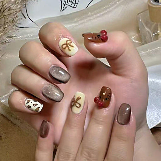 Cozy Holiday Charm Short Square Brown and Cream Nails with Cute Bow and Cherry Accents