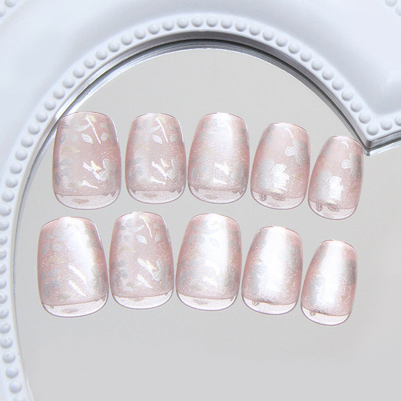 Whimsical Garden Pastel Short Square Pink Glittery Floral Press-On Nail Set