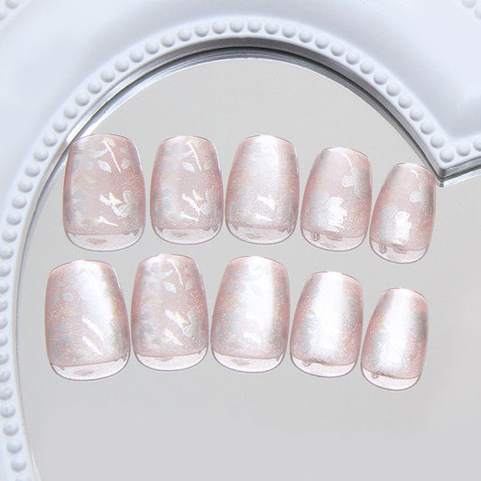 Whimsical Garden Pastel Short Square Pink Glittery Floral Press-On Nail Set