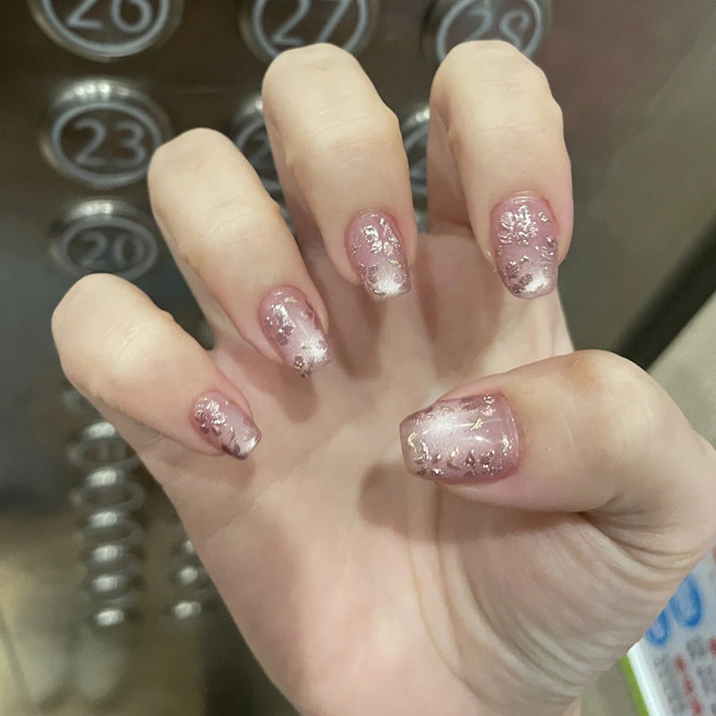 Enchanting Floral Dream Short Square Blush Pink Ombre Press On Nail Set with Elegant Glitter Accents